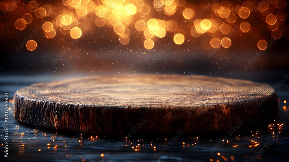 Poster Rustic wooden plate with a natural finish and a cozy golden bokeh glow creating a warm ambient background perfect for various premium imagery purposes