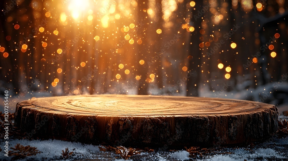 Aufkleber Rustic wooden plate with a natural finish and complemented by a warm cozy golden bokeh glow as a side background template  This image can be used for various design decor