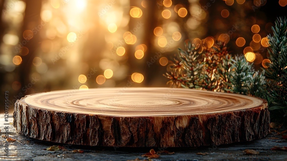 Poster rustic wooden plate with a natural finish and a warm cozy golden bokeh glow in a natural setting cre