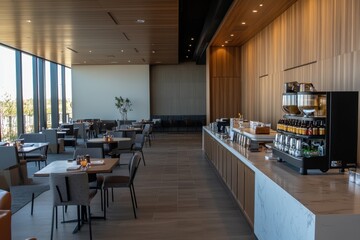 Modern and Elegant Restaurant Interior with Stylish Furniture, Large Windows, and Cozy Atmosphere Suitable for Dining and Social Gatherings