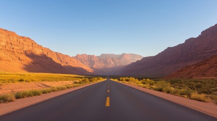 hero image wide shot of scenic road winding through valley with towering mountains on either side