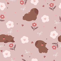 Hand drawn capybara, flowers, and hearts. Vector illustration with cute animal and flowers for Valentine's day.