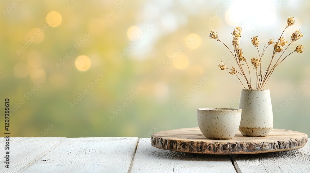 Leinwandbilder rustic wooden plate with a natural finish sitting on a surface surrounded by a soft cozy golden boke