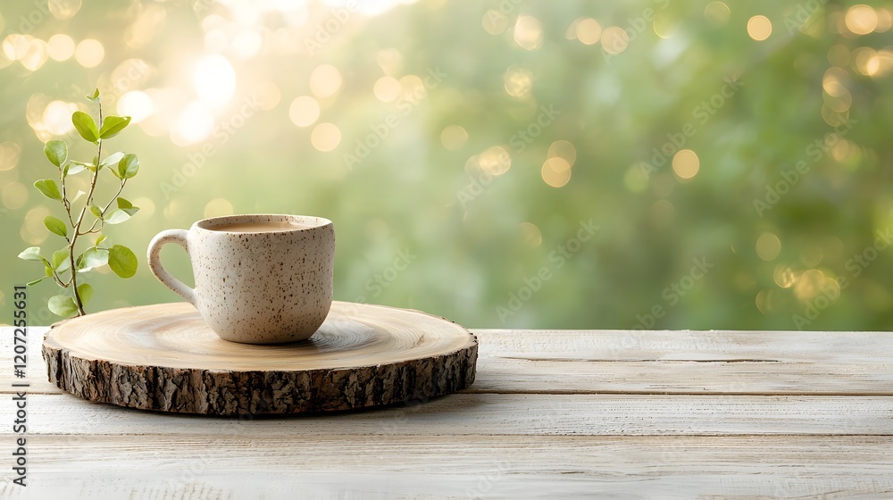 Aufkleber rustic wooden plate with a natural finish resting on a wooden surface surrounded by a cozy golden bo