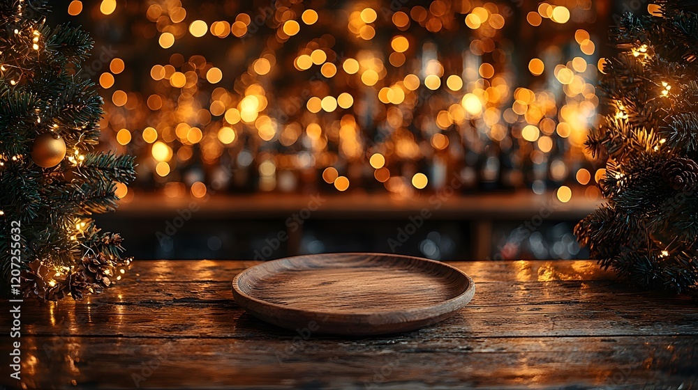 Poster rustic wooden plate with a warm golden bokeh glow set on a countryside bar table creating a cozy fes