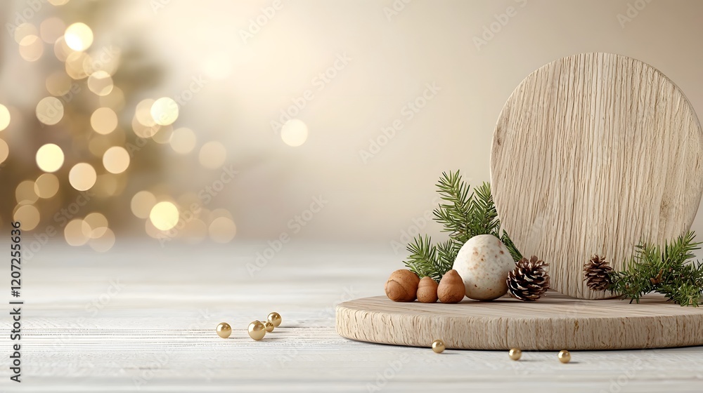 Poster rustic wooden plate with detailed texture positioned against a background of soft golden bokeh light