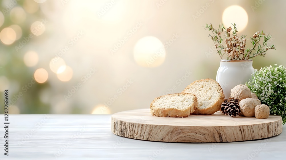 Poster rustic wooden plate with warm bokeh glow creating a cozy atmosphere for food photography and culinar