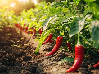 Photo of Fresh Red Chili Peppers Growing in a Garden
