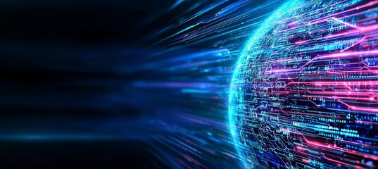 Concept of quantum computer technologies. Futuristic blue circuit board background, modern. Design of a modern technology circuit board texture background. Flowing waves. Explosion of quantum