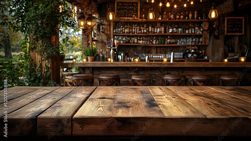 Poster rustic wooden table board with a natural finish in the foreground set against a cozy countryside bar