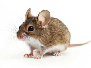 Striped Field Mouse (Apodemus agrarius) with a white belly. It has a long tail. It is sitting on a white background
