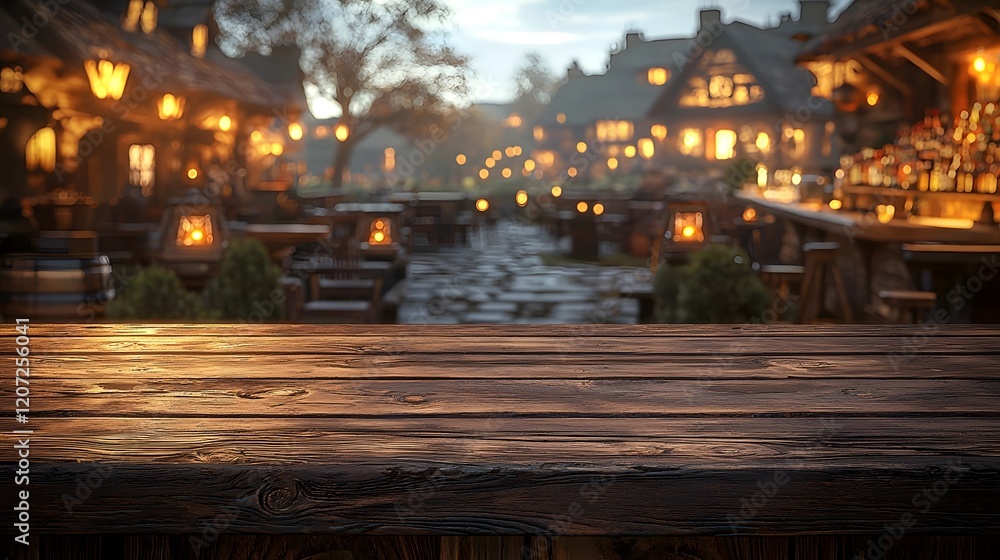 Poster rustic wooden table in the foreground of a cozy countryside bar scene with warm lighting and blurred