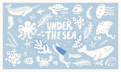 Under the sea set.  Collection of various sea creatures and plants. Vector hand drawn illustration. All elements are isolated.