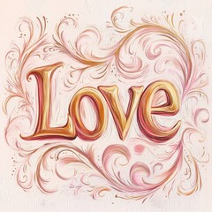 The word "Love" written in an ornate calligraphy style with flowing flourishes at the beginning and end, in soft pink and gold gradients