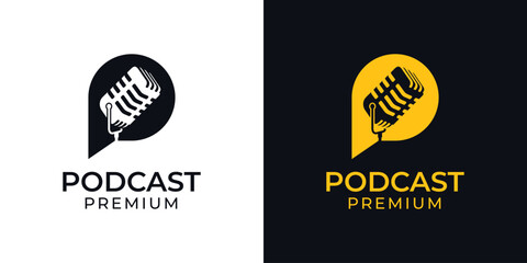 Letter P podcast logo vector with microphone icon design illustration template. P podcast radio record icon symbol vector. Karaoke, entertainment, media, radio, podcast channel logo.