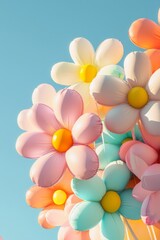 Inflatable flowers balloons in the sky, soft pastel colors