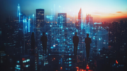 Fototapeta premium abstract professional business team people connection of line from nail node to node on Smart digital cityscap and skyline background , Innovation networking concept