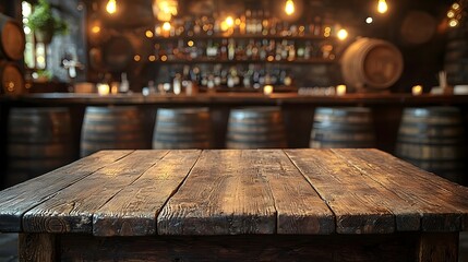 Rustic wooden table in the foreground of a cozy countryside bar showcasing a warm and inviting atmosphere with barrels soft lighting and a vintage traditional ambiance