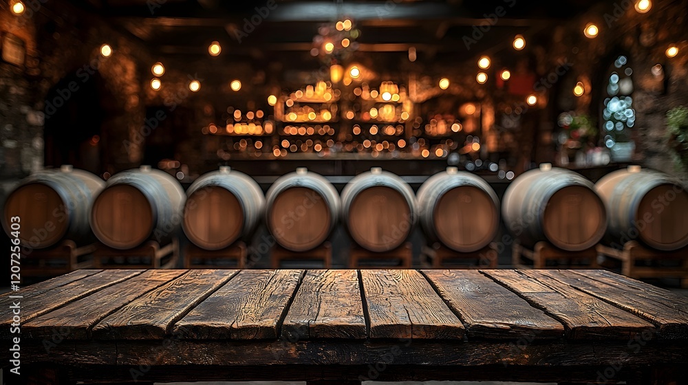 Poster rustic wooden table set against the warm inviting atmosphere of a countryside bar showcasing barrels