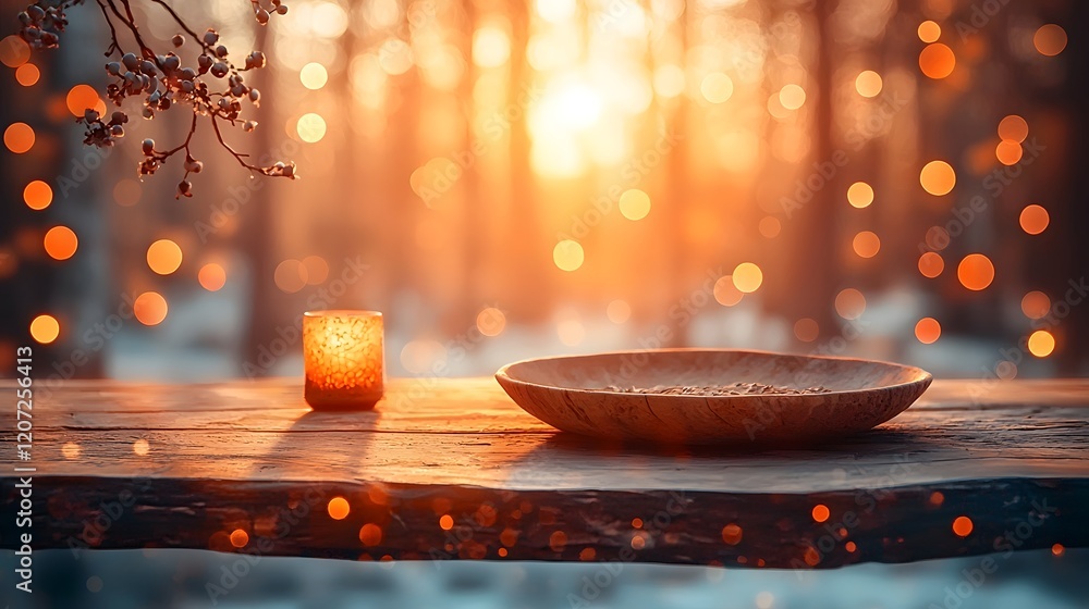 Aufkleber Rustic wooden table with a natural plate in the foreground surrounded by a soft and dreamy bokeh glow in a warm autumn inspired setting  The scene exudes a cozy peaceful and elegant atmosphere
