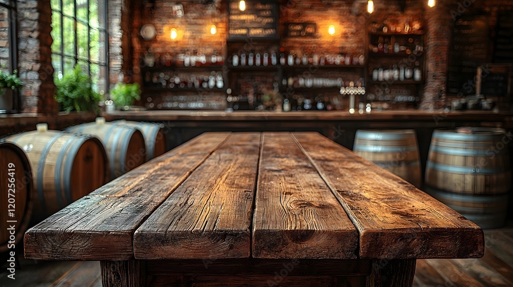 Poster rustic wooden table in the foreground of a cozy countryside bar with stacks of oak barrels and brick