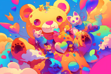 Colorful cartoon scene featuring a large teddy bear surrounded by playful animals and hearts in a whimsical landscape