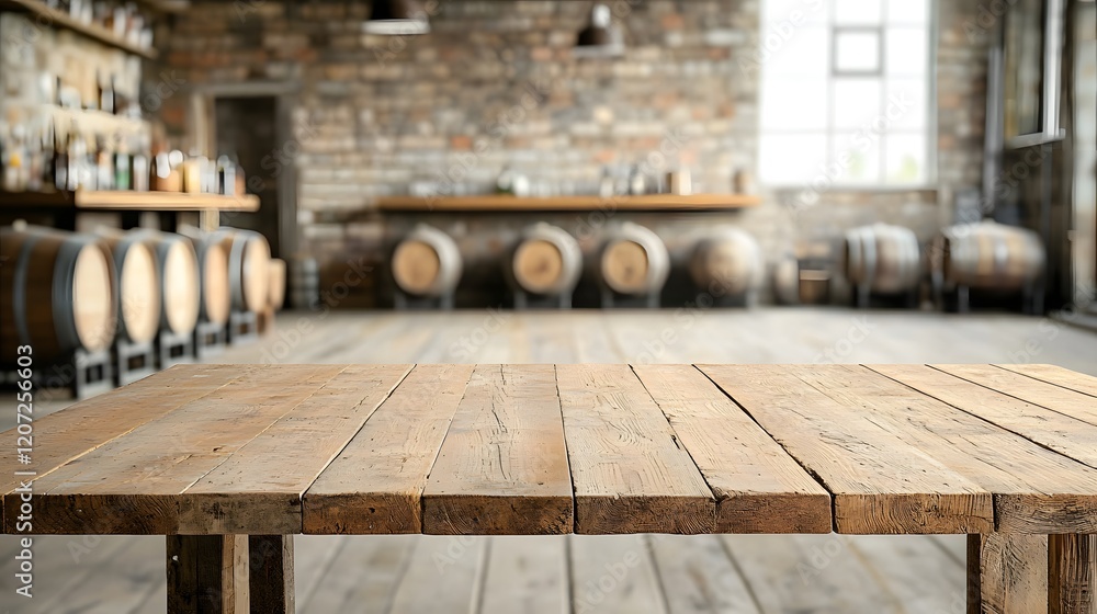 Poster rustic wooden table with a weathered distressed finish in the foreground set against a dimly lit cou