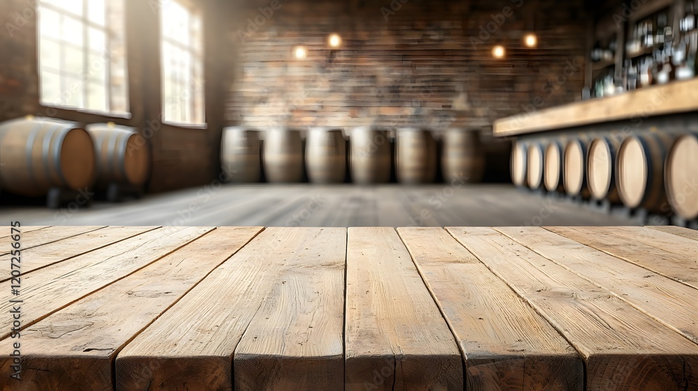 Poster rustic wooden table with a weathered finish set against the backdrop of a dimly lit countryside bar 