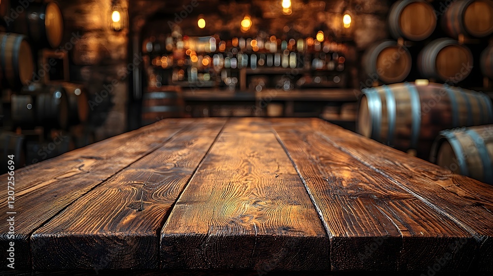 Leinwandbilder rustic wooden table with visible grain texture set against a cozy countryside bar background featuri