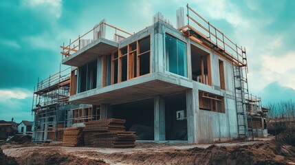 A towering building enveloped in scaffolding, reaching for the sky, as workers diligently enhance its structure under the bright sun.