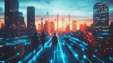 Fototapeta premium abstract professional business team people connection of line from nail node to node on Smart digital cityscap and skyline background , Innovation networking concept