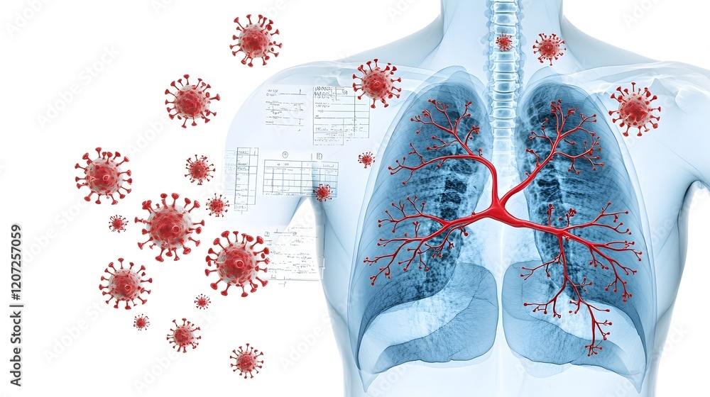 Aufkleber semi transparent x ray image of a human chest displaying red vessels and viral particles symbolizing