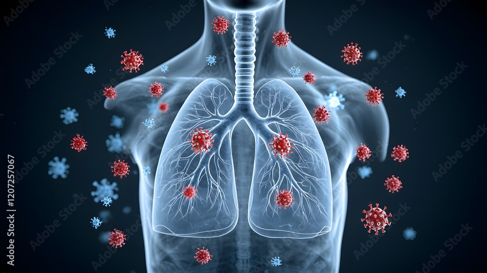 Aufkleber Semi Transparent X Ray Image of a Human Figure Showing Lungs with Red Viral Particles and Surrounding Floating Clusters on a Dark Abstract Background