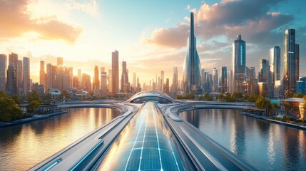 Naklejka premium Futuristic City at Sunset with Modern Architecture and Transportation