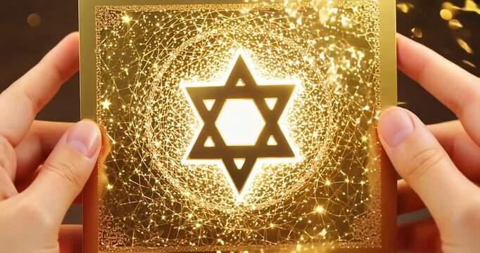 A hands opening a Hanukkah card made of shimmering gold, revealing a glowing Star of David surrounded by a halo of golden sparkles