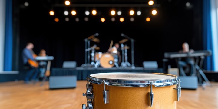 A concert stage with drums and instruments illuminated by stage lights, creating an electrifying atmosphere of music and performance anticipation.