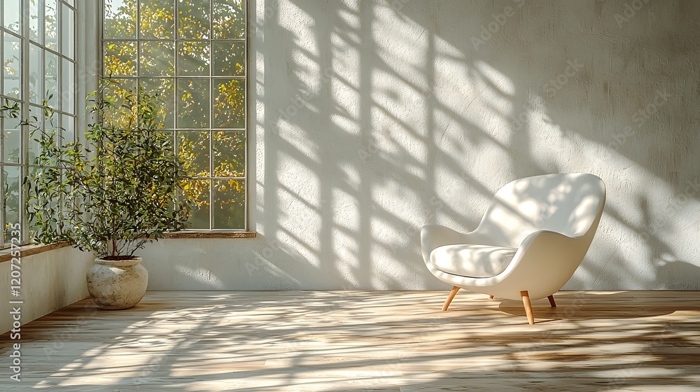 Poster serene and minimalist studio environment featuring a white sofa chair with natural light creating so