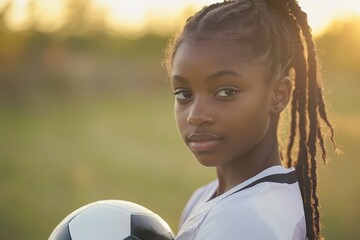 Young female athlete with soccer ball at sunset, focus and determination