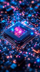 Macro shot of a glowing AI chip emitting colorful light beams, symbolizing advanced computing power. Designed for tech banners, AI events, and advertising campaigns.