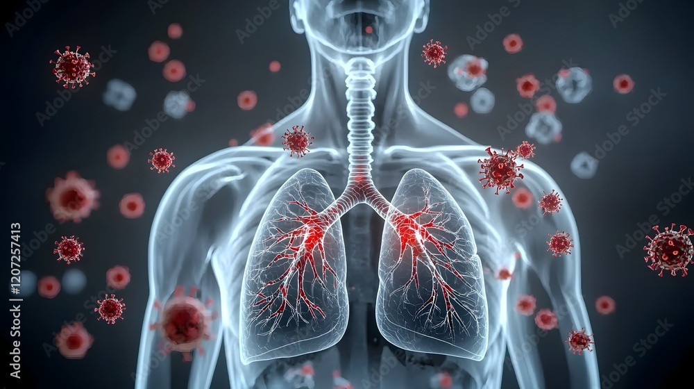 Aufkleber Transparent X ray visualization of human lungs showing red viral particles and surrounding floating clusters on a dark abstract background conceptual medical and healthcare digital