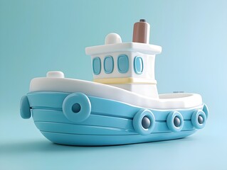 A 3D cartoon of a cute white and blue tugboat with soft vibrant colors
