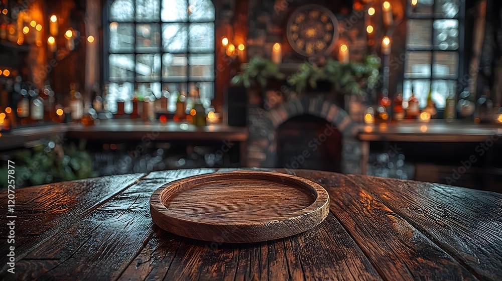 Poster vintage rustic bar setting with a wooden plate resting on a weathered wooden table in the foreground