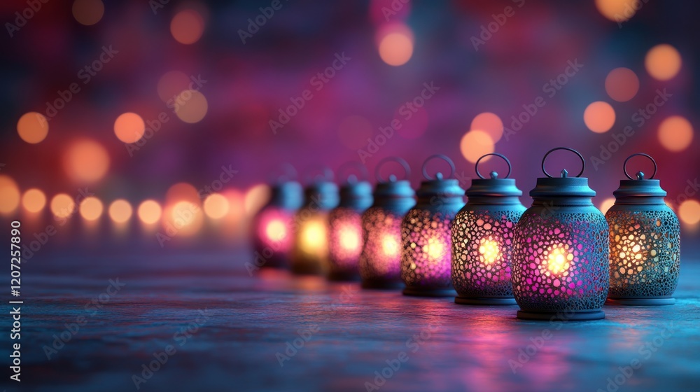 Aufkleber illuminated lanterns in a row on a table with bokeh background.