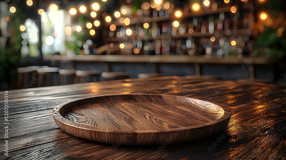 Fototapete Warm and cozy countryside bar setting with a wooden plate and table in the foreground enhanced by soft blurred bokeh lights creating a rustic and inviting atmosphere