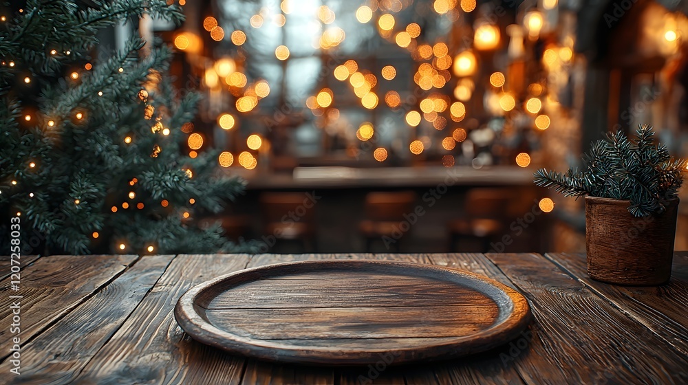 Poster Warm and cozy countryside bar setting featuring a weathered wooden table with a rustic plate in the foreground surrounded by a soft and glowing bokeh light background