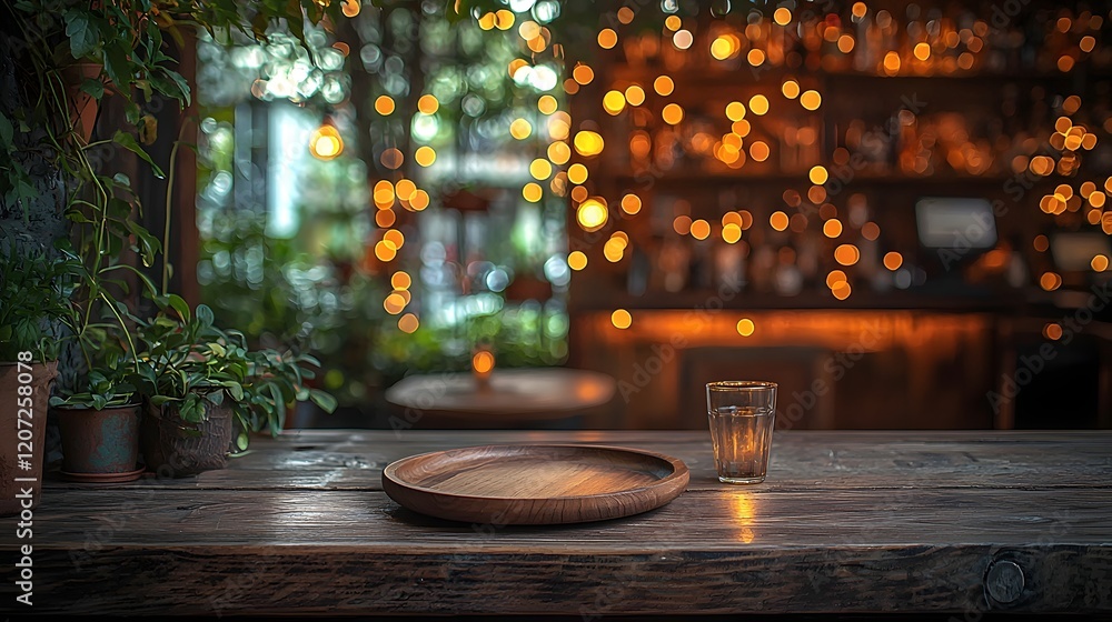 Poster warm and cozy countryside tavern with glowing wooden tableware and soft golden bokeh lighting creati