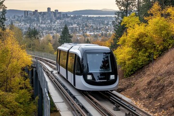 Naklejka premium Modern Automated Transportation System on Elevated Tracks with Autumn Foliage and Urban Skyline Background in a Scenic Landscape