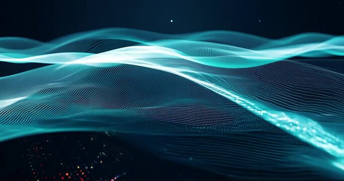 A high-resolution, 3D-rendered abstract image where translucent, colorful waves weave across the frame in a smooth, flowing pattern