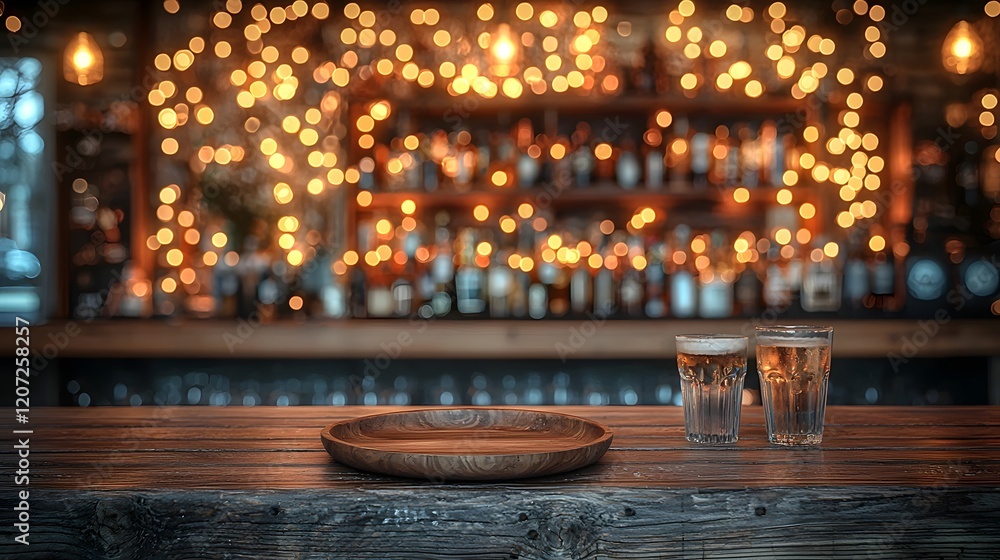Poster Warm and Cozy Rustic Bar with Wooden Plate and Table in the Foreground Surrounded by Glowing Bokeh Lights for a Relaxing and Inviting Atmosphere