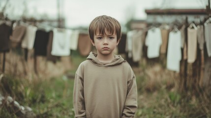 Sad young boy standing outdoors near clothesline.